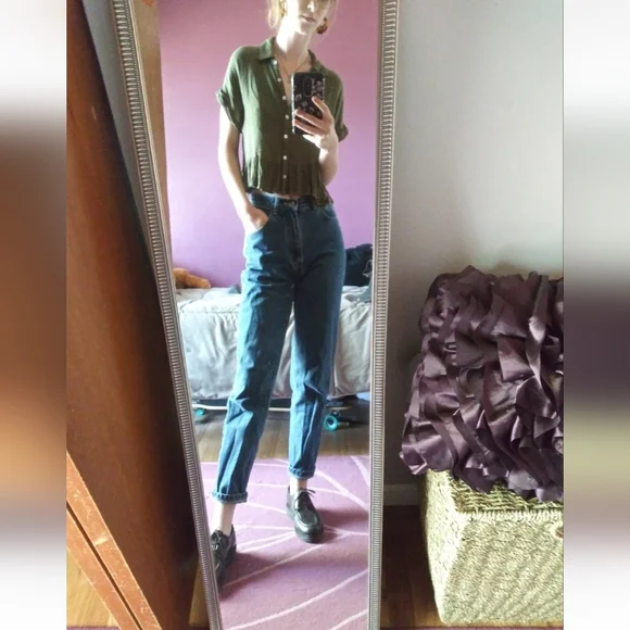 Soul Cake Cropped Olive Green Ruffled Cottagecore Button Up Y2K 90s Fairycore - Picture 2 of 15